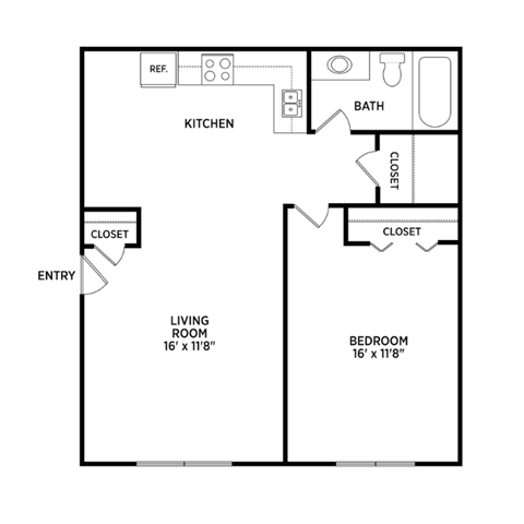 Floor plan for 1 bed, 1 bath, 550 sqft
